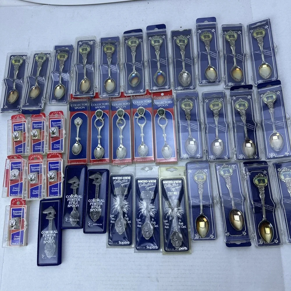 Lot of 37 Souvenir Spoons & Thimbles Michigan Silver Plated Collectors MicroView